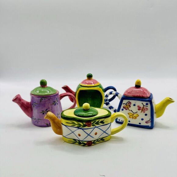 Lot Of 4 Miniature Porcelain Teapots Colorful Floral - Picture 1 of 9